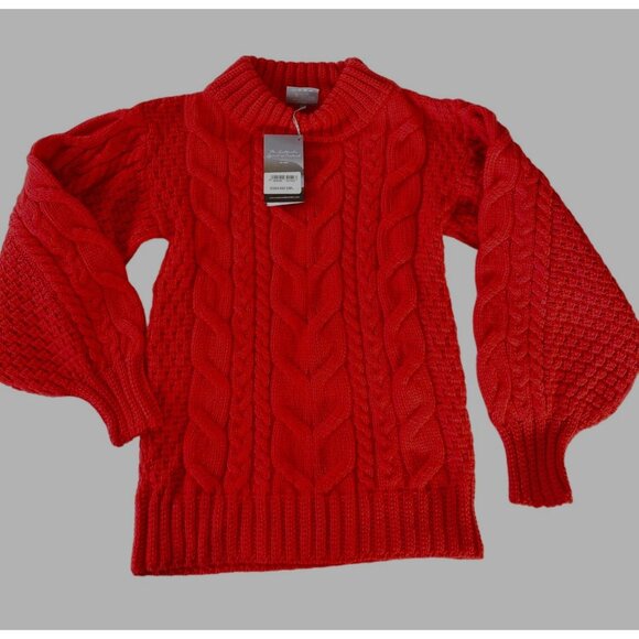 NWT Aran Woollen Mills Red Cable-knit Crew Neck Merino Sweater S Balloon Sleeves - Picture 3 of 14